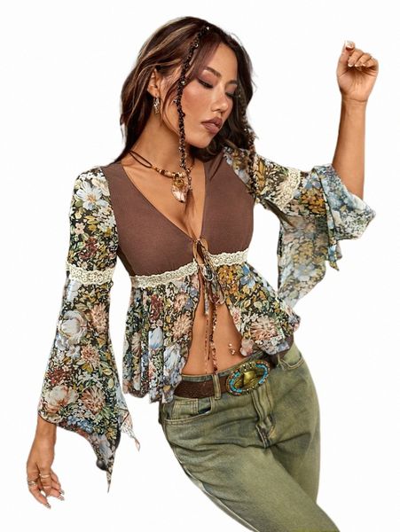 

colorblock floral print contrast lace tie front y2n5#, White