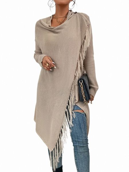 

fringe trim cowl neck asymmetrical hem sweater d1kf#, White;black