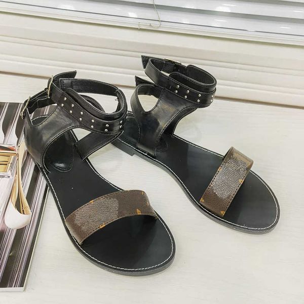 

new 2022 summer women's ankle strap studded sandals ladies rivet low heel party shoes vintage retro flower flats slides leather slipper, Black