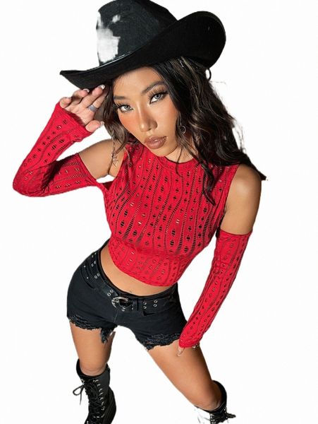 

hollow out cold shoulder crop tee t39t#, White