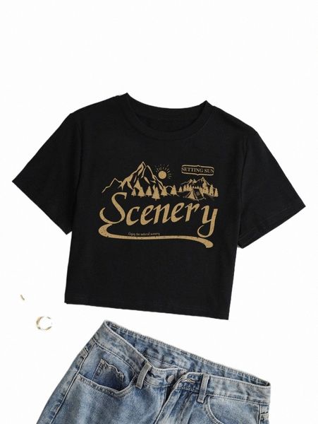 

mountain and letter graphic crop tee 38de#, White