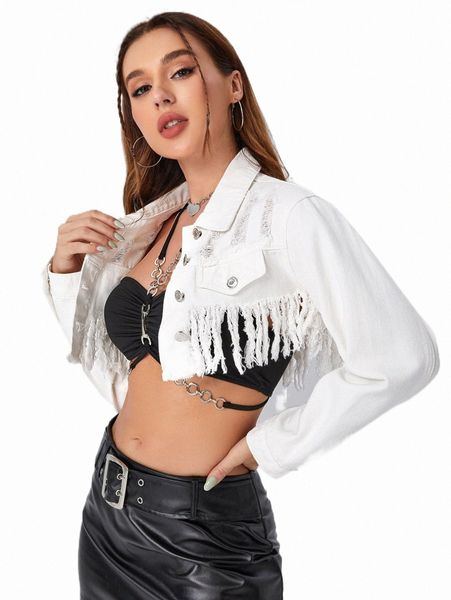 

ripped frayed hem crop denim jacket k25z#, Black;brown