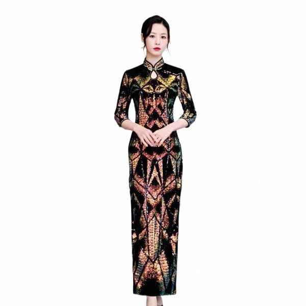 

ethnic clothing velour sequins banquet party dress gown slim vintage button cheongsam lady chinese style qipao mandarin collar vestidos v1aq, Red