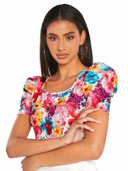 

tall floral print square neck puff sleeve crop tee 55hx#, White