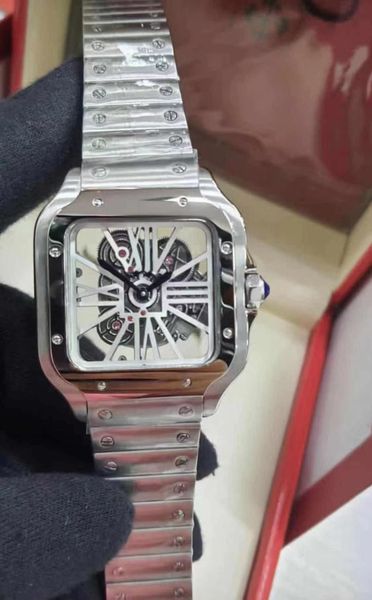 

new style classic hollow tourbillon mechanical watch square roman dial clock quartz battery movement sapphire glass stainless steel men watc, Slivery;brown