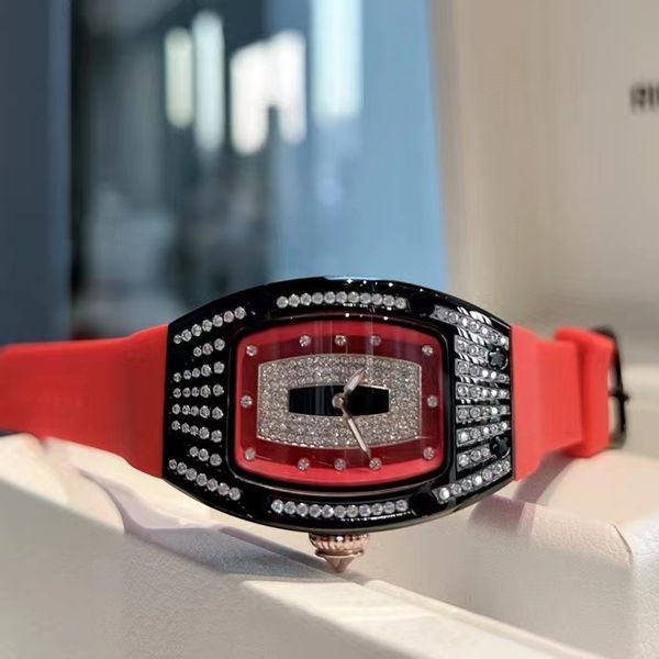 

fashion quartz women's watch sports 316 stainless steel case personality wine barrel silicone strap diamond red hollow dial designer wa, Slivery;golden