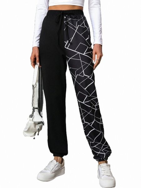 

geo print drawstring waist sweatpants o1e7#, Black;white