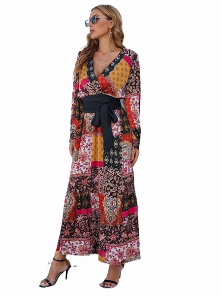

paisley and patchwork print surplice neck belted dress 61p7#, Black;gray