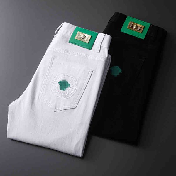 

men's jeans summer jeans men's versatile black and white two color cotton elastic small feet slim fitting korean embroidery medusa, Blue