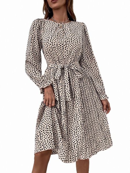 

dalmatian print flounce sleeve belted dress p82s#, Black;gray