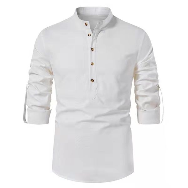 

men's casual shirts spring men's solid pullover streetwear stand collar button long sleeve premium cotton blouse male men's, White;black