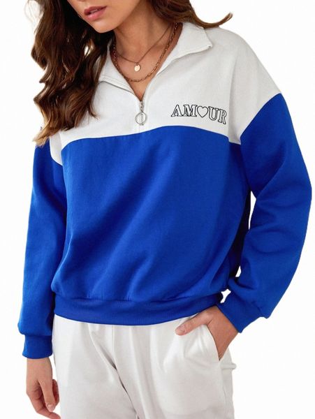 

frenchy letter embroidery colorblock zip half sweatshirt v1m6#, Black