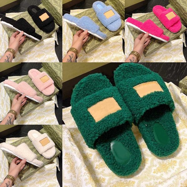 

with box women fur slippers double g sherpa fleece plush wool slides designer thick bottom slip on flats fashion indoor flat flip flops, Black