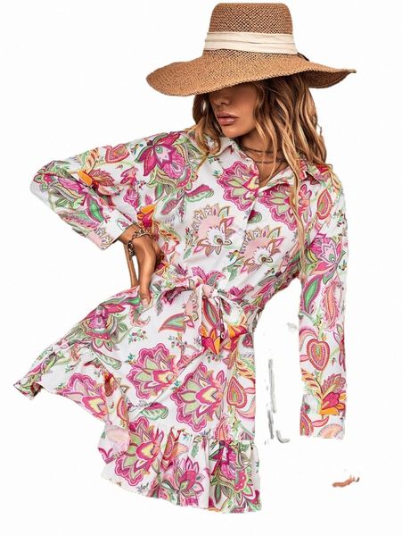 

floral print drop shoulder ruffle hem belted shirt dress t3vq#, Black;gray