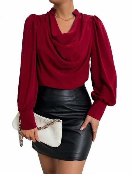

draped collar puff sleeve shirt g1m3#, White