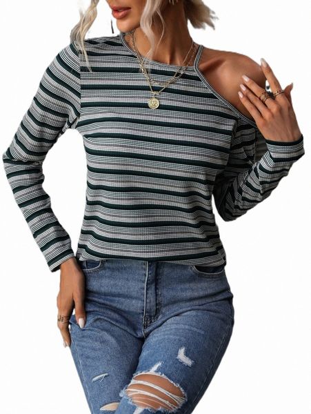

striped asymmetrical neck tee 10pf#, White