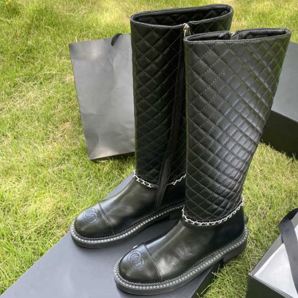 

black leather quilted long ankle boots for women chain side zip brand martin boot paris fashion outdoor casual booties dress shoes chunky