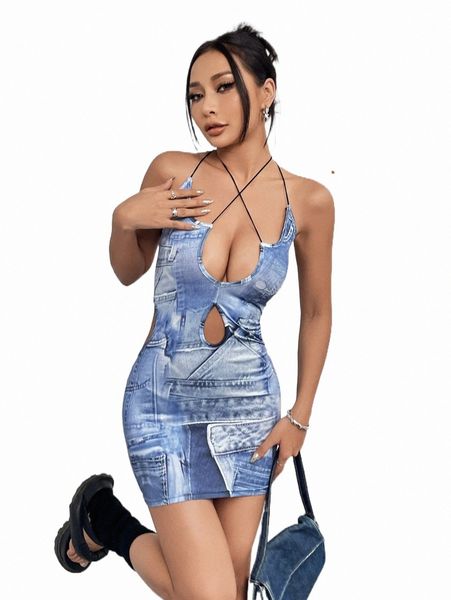 

graphic print cut out crisscross tie backless bodycon dress 79sv#, Black;gray