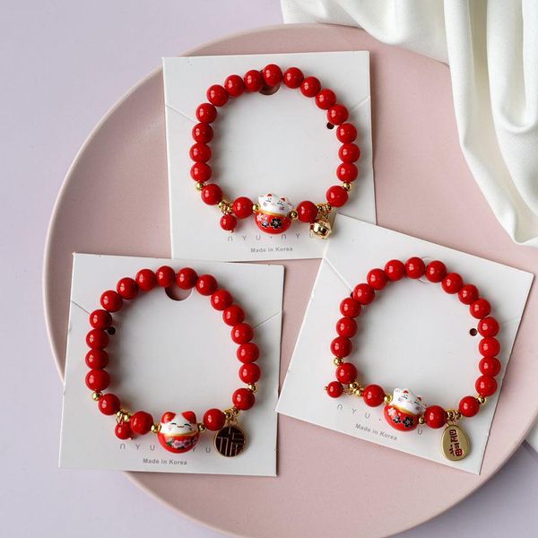 

contracted red beads strands ceramic bracelet hand woven rope beaded plutus cat stretch yxs30, Black
