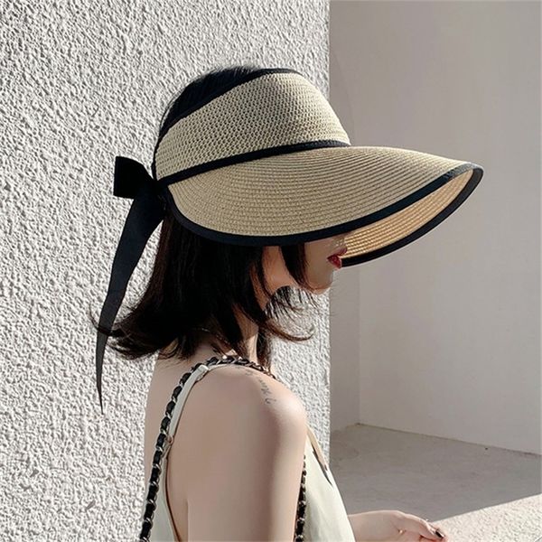 

summer adjustable ribbon empty straw hats for women foldable wide large brim beach hat chapeau femmeuv protection cap 220817, Blue;gray