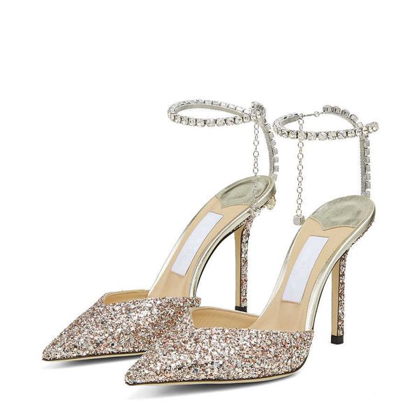 

luxury summer jimmy pumps sandals women london saeda 100 mm elegant pointed toes crystal ankle chain glitter design italy lady wedding party, Black