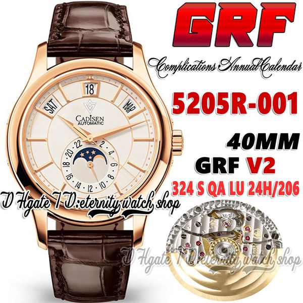 

grf v2 gr5205 324 s qalu24h/206 gr324 automatic mens watch complications annual calendar rose gold moon phase white dial leather strap super, Slivery;brown