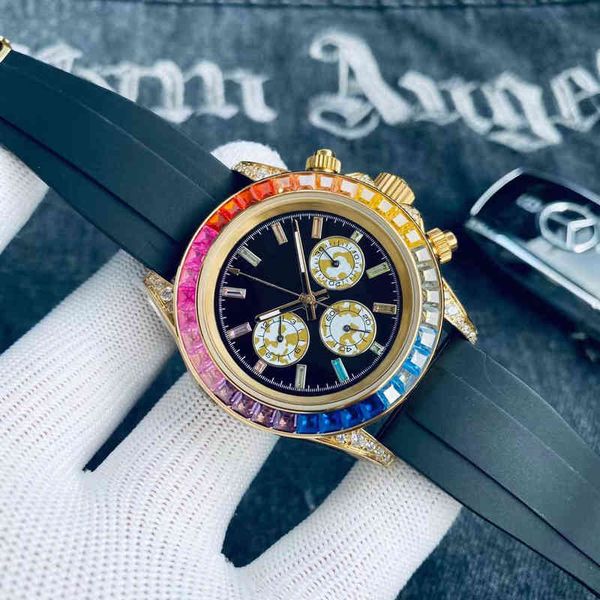 

huiya06 men's watch automatic mechanical 2813 movement watches 40mm rubber/steel rainbow diamond bezel sapphire waterproof wristwatches, Slivery;brown