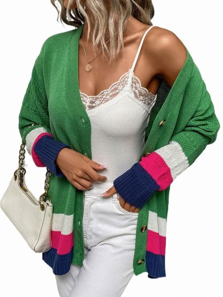 

color block drop shoulder cardigan 40et#, White;black