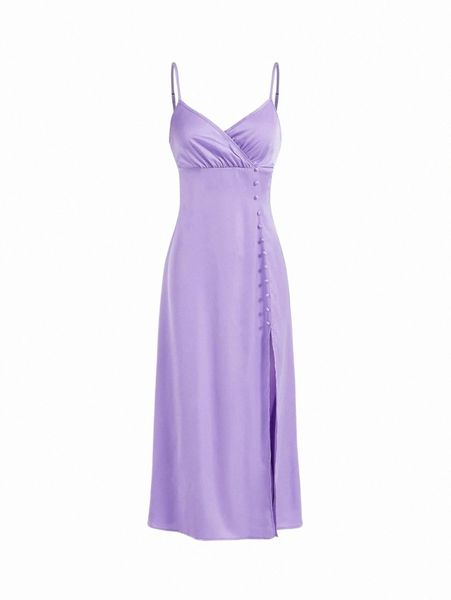 

mod solid button split thigh cami dress 581b#, Black;gray