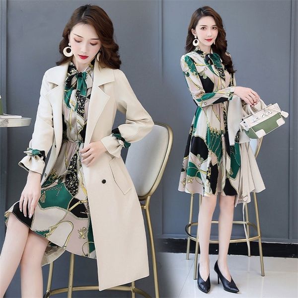 

spring autumn fashion trench coat slim ladies floral dress women two pieces sets coats mid length overcoat 220819, Black;brown