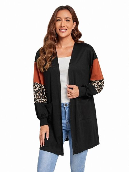 

emery rose leopard print contrast sleeve drop shoulder open front coat i77c#, Black