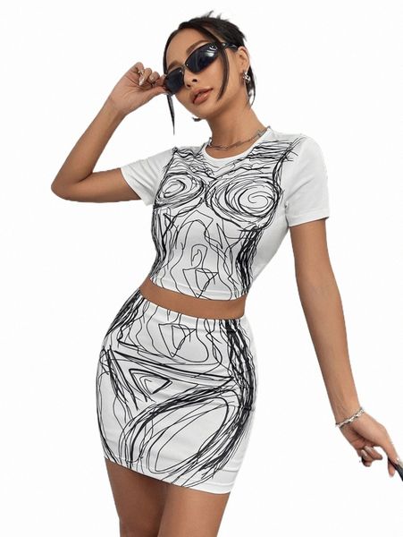 

graphic print crop tee & bodycon skirt z9cb#, White