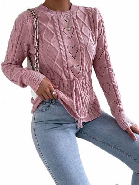

cable knit drawstring waist sweater p1dd#, White;black