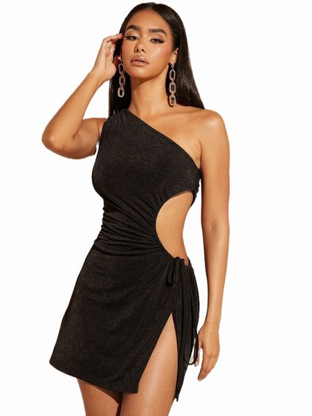 

bae one shoulder cut out drawstring side dress z3ig#, Black;gray