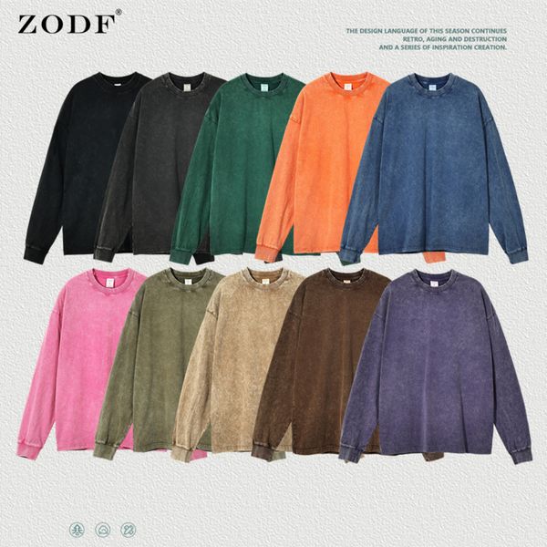 

zodf retro men long sleeve washed cotton t shirt loose 250gsm basic atumn tees brand streetwears h0394, Black;brown