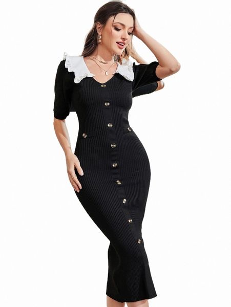

frill trim contrast collar fake button sweater dress b8wr#, White;black