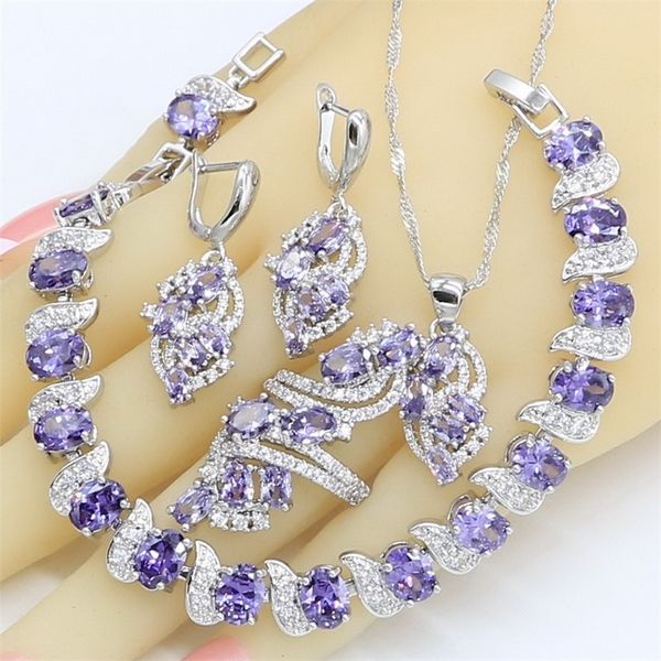 

dubai jewelry sets for women wedding purple amethyst necklace pendant earrings ring bracelet gift box 220818, Slivery;golden