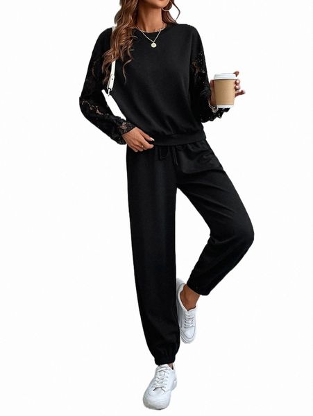 

contrast lace drop shoulder sweatshirt & sweatpants n1ei#, White