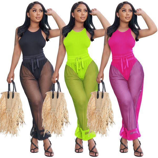 

women's swimwear casaul tracksuit two piece set bodysuit sheer mesh pants swimsuit summer beach clothes for women outfit, White;black