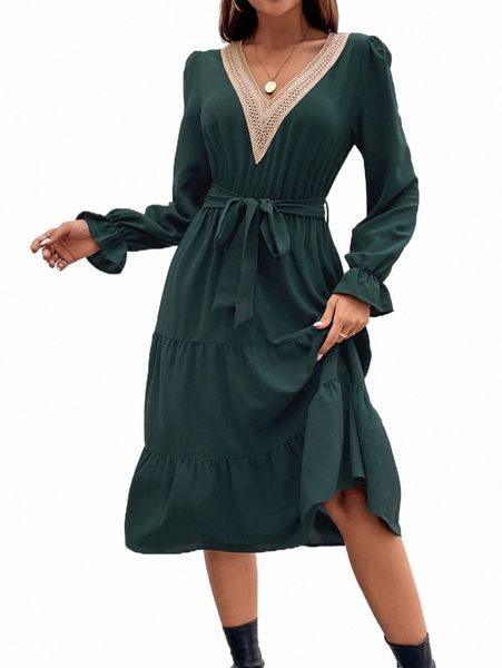 

guipure lace panel flounce sleeve ruffle hem dress n730#, Black;gray