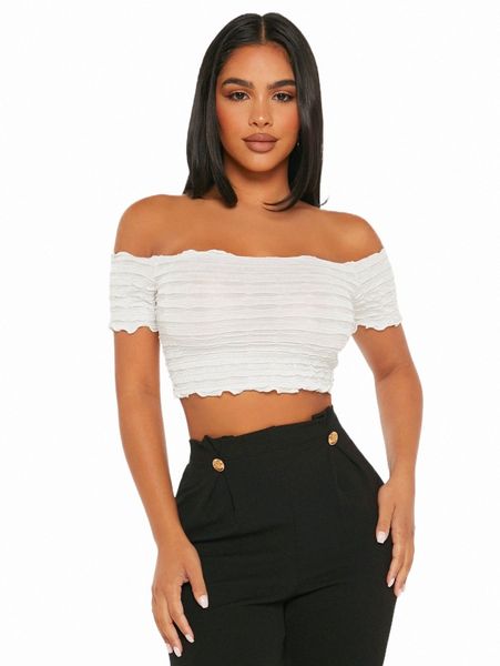 

petite off shoulder lettuce trim crop tee s4lc#, White