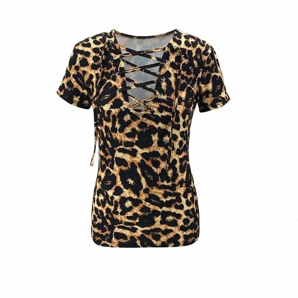 

women's t-shirt v-neck lace-up tee 2021 women fashion leopard pattern short sleeves slim fit casual t-shirts female summer wear 3091#, White