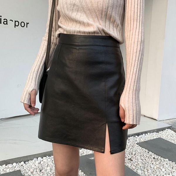 

slit leather skirt female autumn winter a line office lady sheath high waist slimming mujer faldas 220818, Black