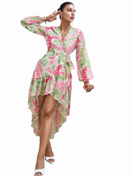 

allover print bishop sleeve asymmetrical hem knot side wrap dress 361h#, Black;gray