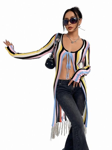 

color block stripe pattern tassel hem knot front cardigan 26lm#, White;black