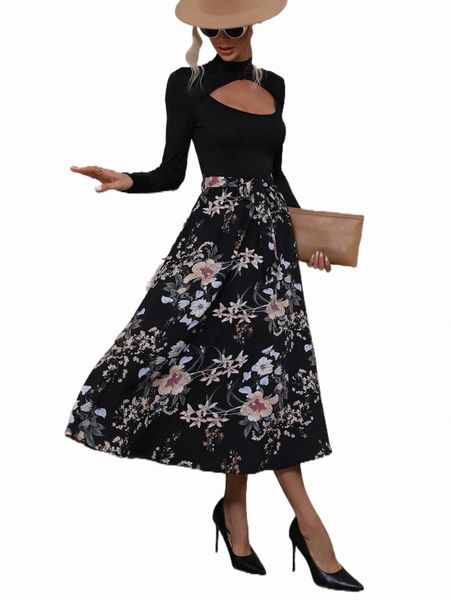 

floral print cut out mock neck belted dress g48h#, Black;gray