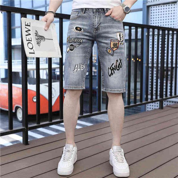 

men's jeans fashion brand denim shorts men's elastic personalized letter printing korean summer loose washed casual pants 96m5, Blue