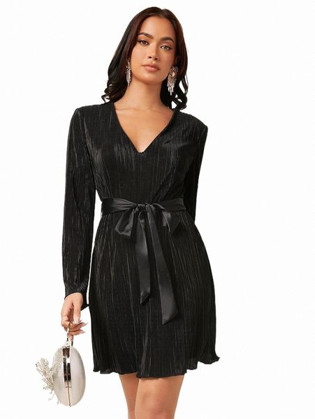 

v-neck plisse belted dress g8yh#, Black;gray
