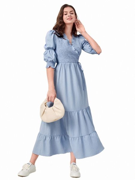 

puff sleeve shirred waist dress 41xk#, Black;gray