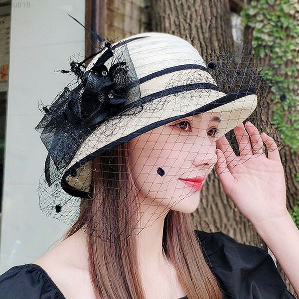 

elegant woman beige white linen wedding church hat with veils and floral summer wide brim floppy ladies kentucky derby b-8155 y220818, Blue;gray